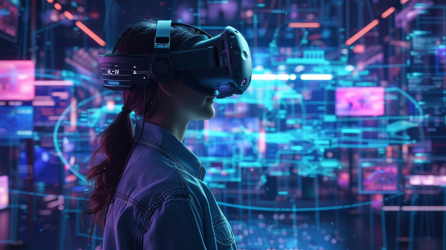 Female student wearing VR headset