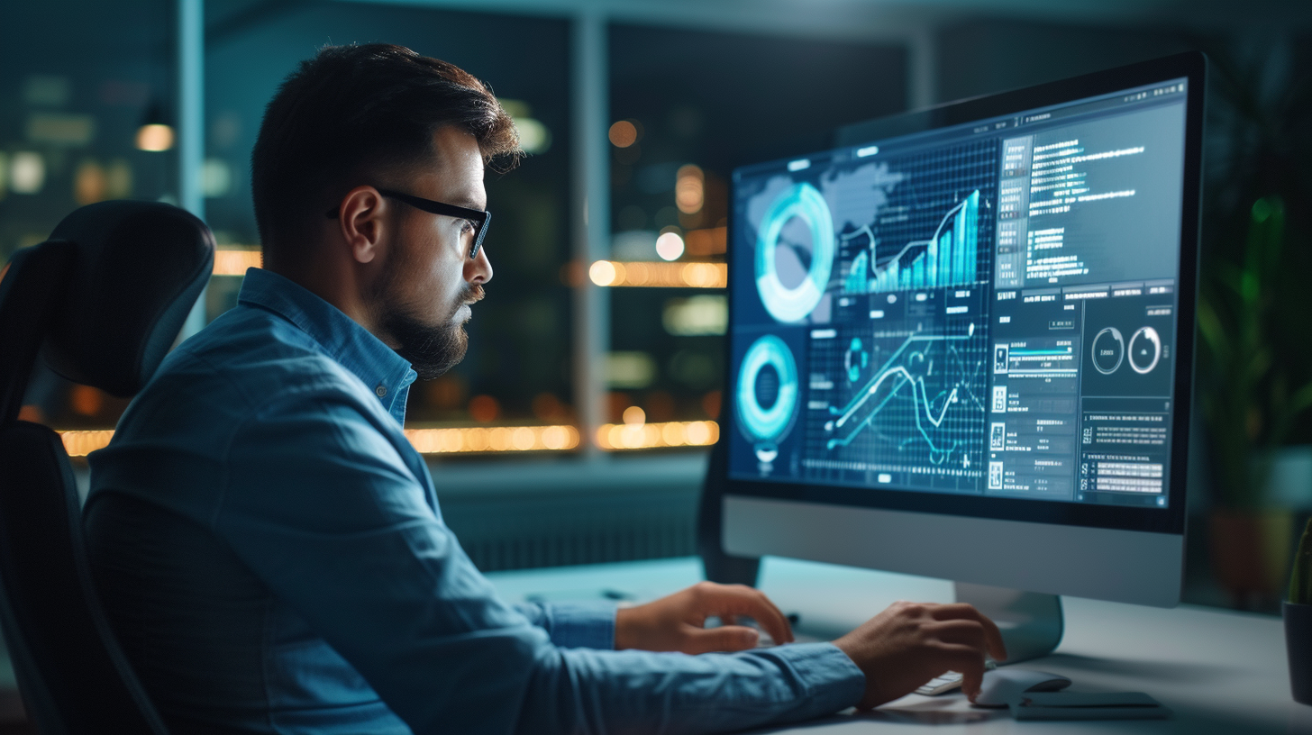 Man analyzing data on a computer screen at night.